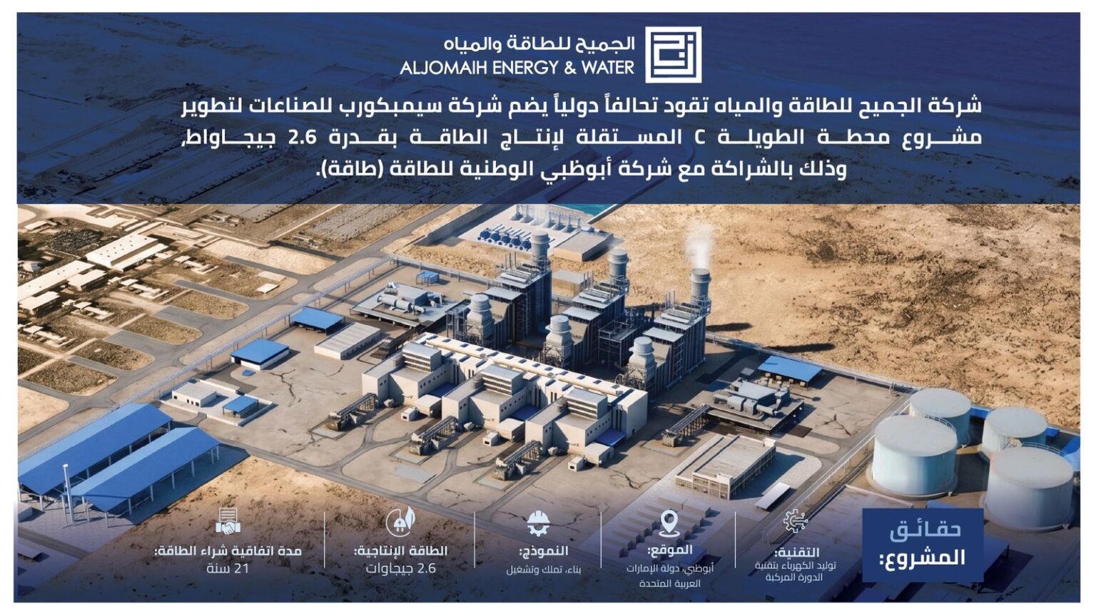 الجميح للطاقة والمياه” تقود تحالفا دوليا لتطوير مشروع محطة “الطويلة C” في أبوظبي لإنتاج الطاقة بقدرة 2.6 جيجاواط